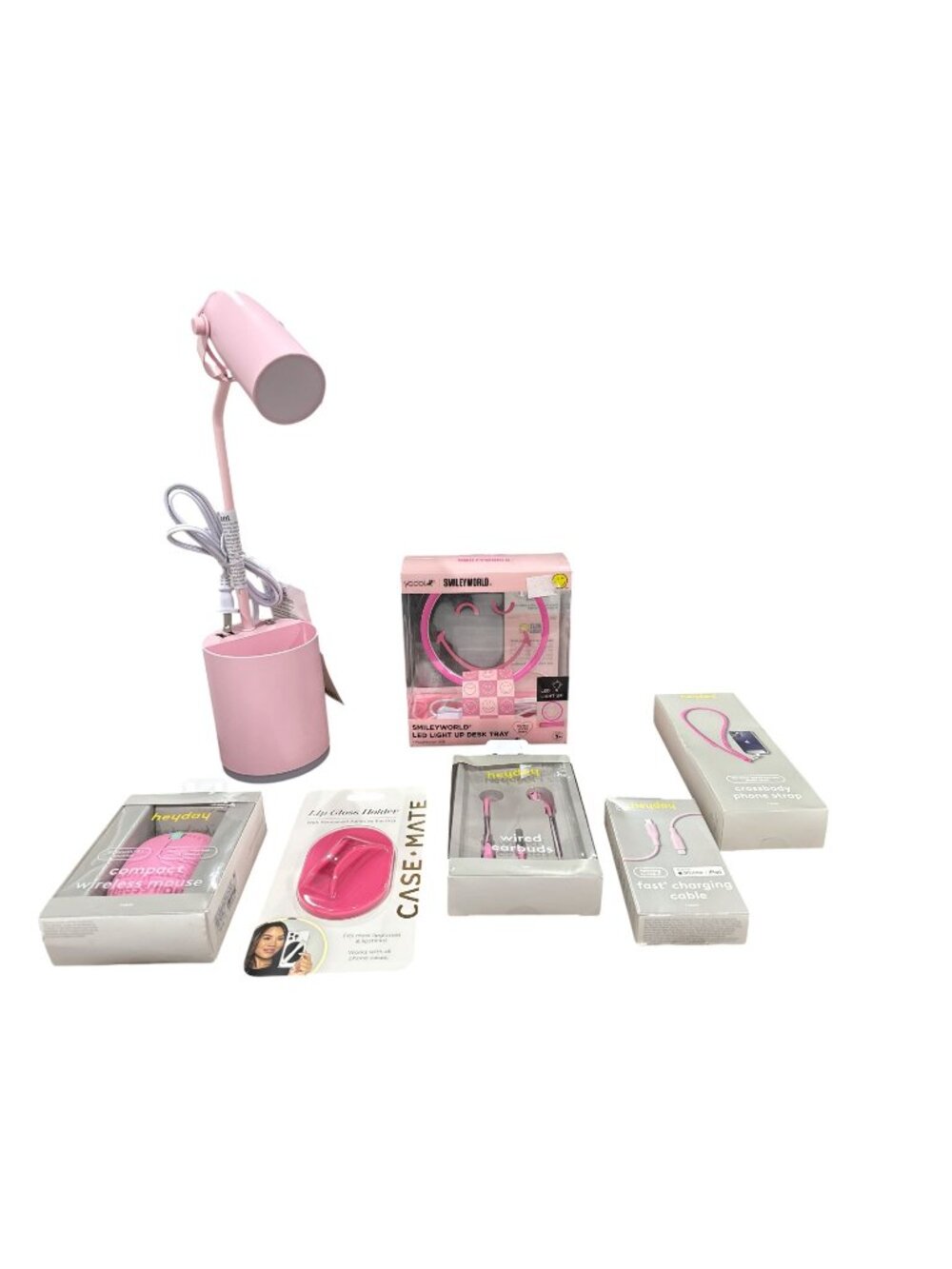 Set of 7 Assorted Pink Tech & Accessories Bundle - Lamp, Mouse, Earbuds, Chargin